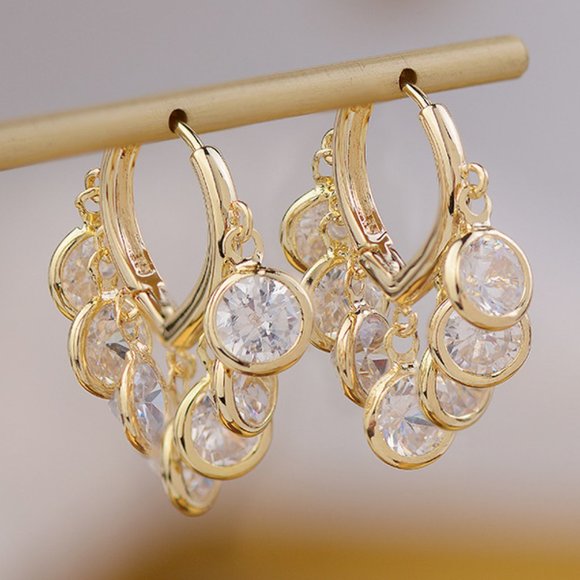 Jewelry - NEW 14K Gold Plated Round Diamond Drop Huggie Hoop Earrings